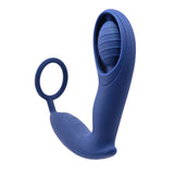 Zero Tolerance Extra Mile Vibrating Cock Ring Blue showcasing its unique design with a suspended cock ring and vibrating base.