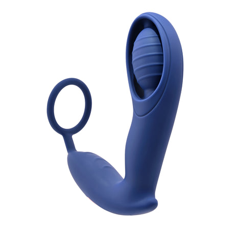 Zero Tolerance Extra Mile Vibrating Cock Ring Blue showcasing its unique design with a suspended cock ring and vibrating base.