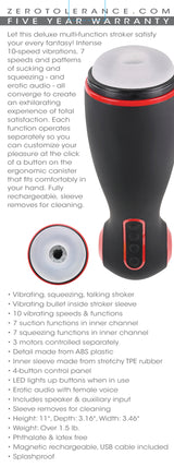Zero Tolerance Tight Squeeze Rechargeable Masturbator Black showcasing its features and ergonomic design.