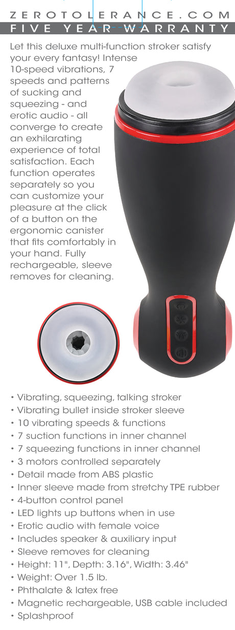 Zero Tolerance Tight Squeeze Rechargeable Masturbator Black showcasing its features and ergonomic design.