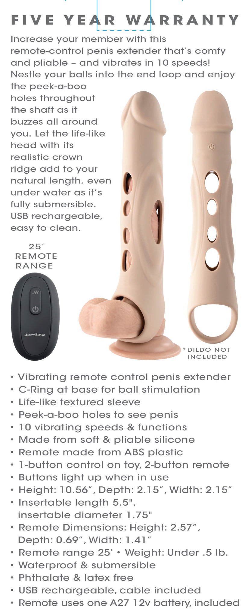 Zero Tolerance Big Boy Vibrating Penis Extension Light displaying remote control features and textured silicone design.