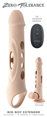 Zero Tolerance Big Boy Vibrating Penis Extension Light remote-controlled sleeve displayed with remote and functions.