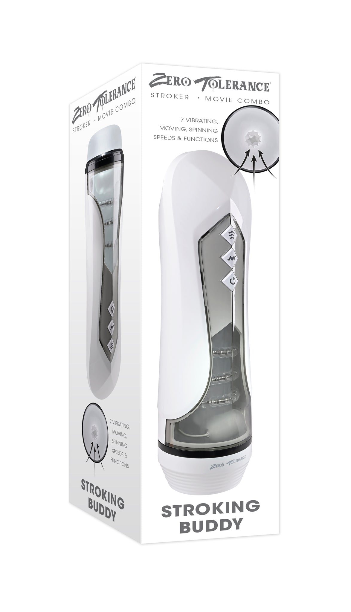 Zero Tolerance Stroking Buddy Thrusting Masturbator White packaging showcasing features and controls.