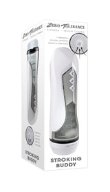 Zero Tolerance Stroking Buddy Thrusting Masturbator White packaging showcasing features and controls.