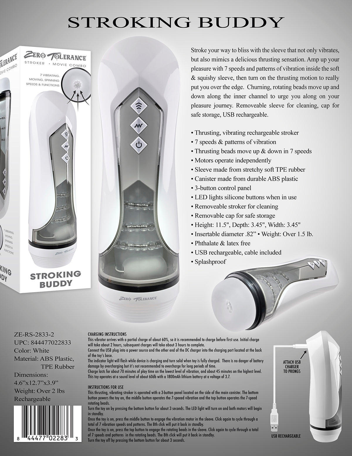 Zero Tolerance Stroking Buddy Thrusting Masturbator White with multiple speeds and rechargeable features.