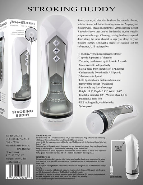 Zero Tolerance Stroking Buddy Thrusting Masturbator White with multiple speeds and rechargeable features.
