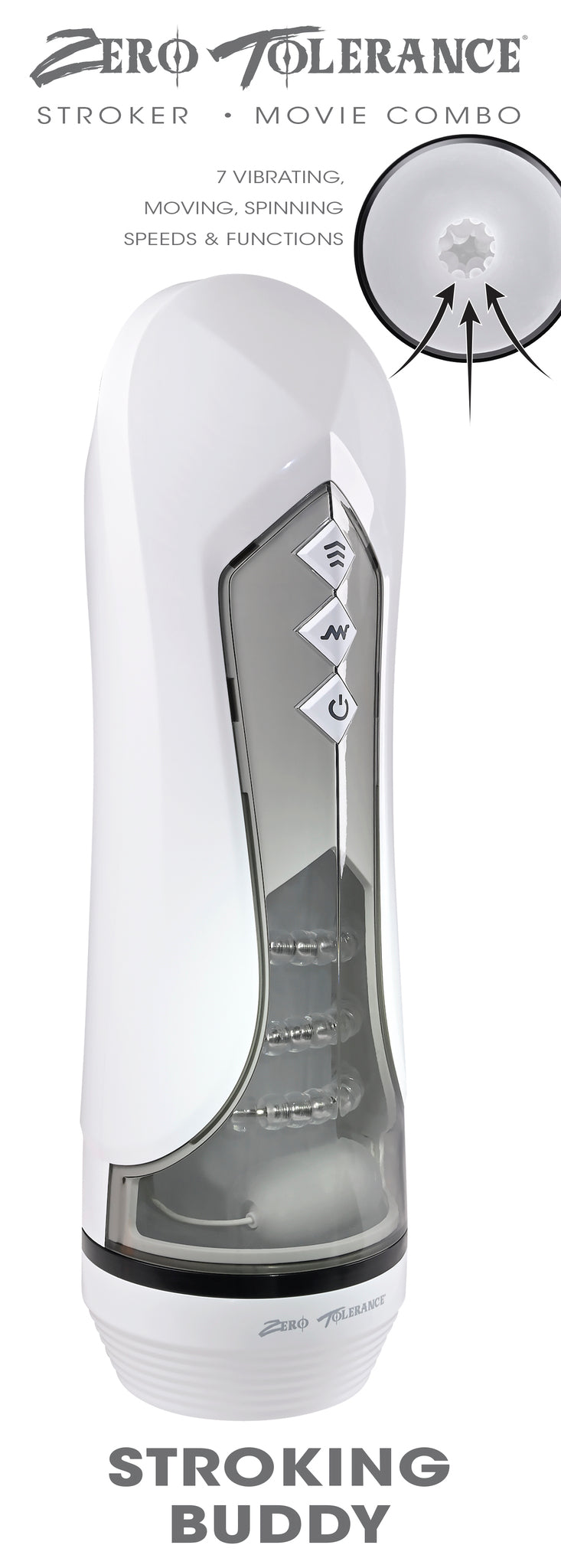 Zero Tolerance Stroking Buddy Thrusting Masturbator White featuring 7 vibrating speeds and functions.