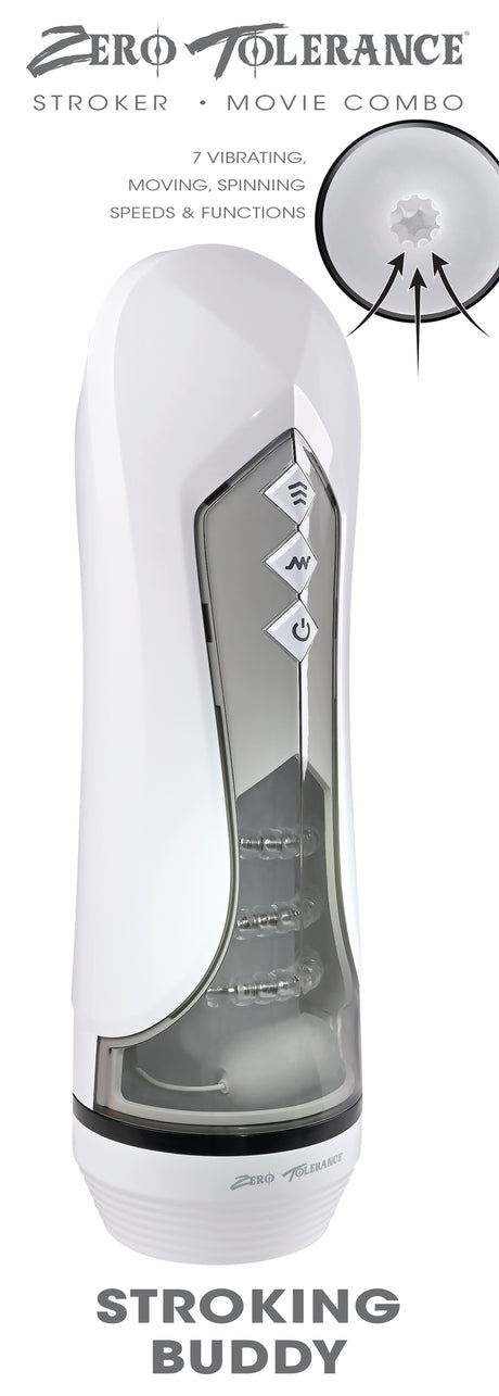 Zero Tolerance Stroking Buddy Thrusting Masturbator White featuring 7 vibrating speeds and functions.