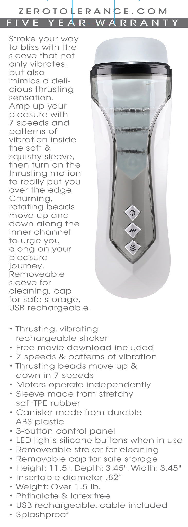 Zero Tolerance Stroking Buddy Thrusting Masturbator White features a soft sleeve, vibrating motors, and control buttons for customizable pleasure.