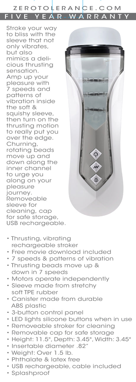 Zero Tolerance Stroking Buddy Thrusting Masturbator White features a soft sleeve, vibrating motors, and control buttons for customizable pleasure.