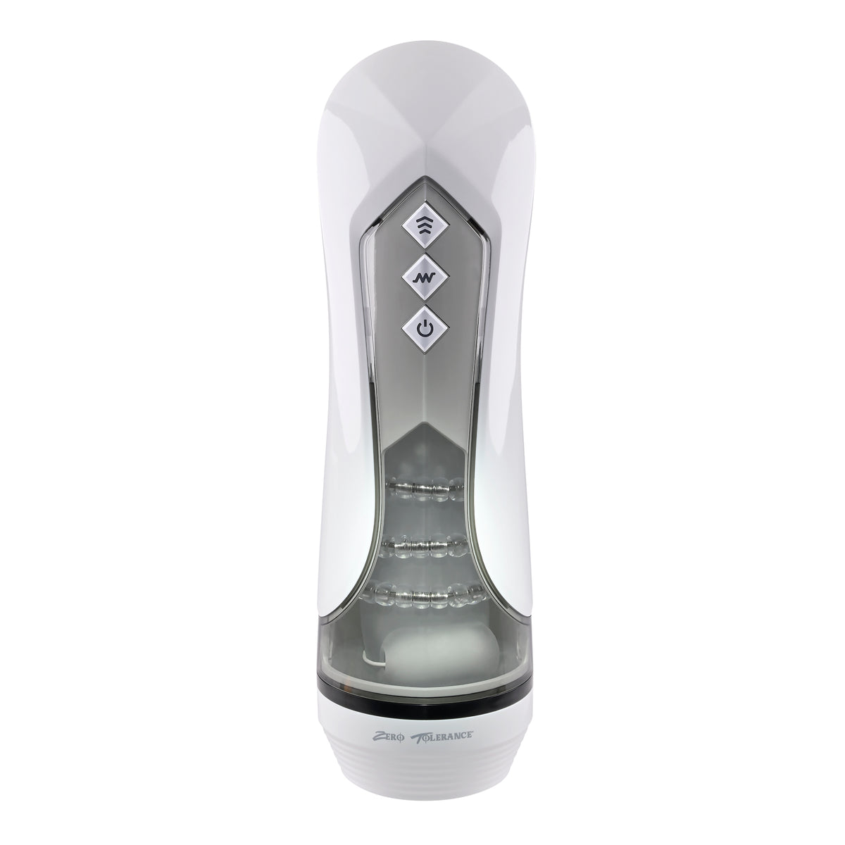 Zero Tolerance Stroking Buddy Thrusting Masturbator White with control buttons for customizable stimulation.