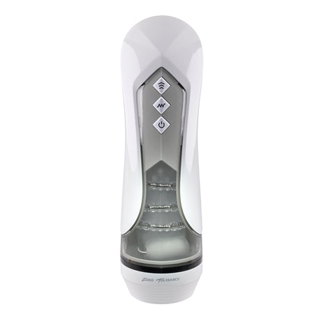 Zero Tolerance Stroking Buddy Thrusting Masturbator White with control buttons for customizable stimulation.