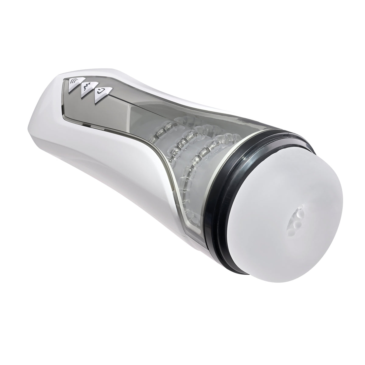 Zero Tolerance Stroking Buddy Thrusting Masturbator White showcasing its sleek design and control buttons for enhanced pleasure.
