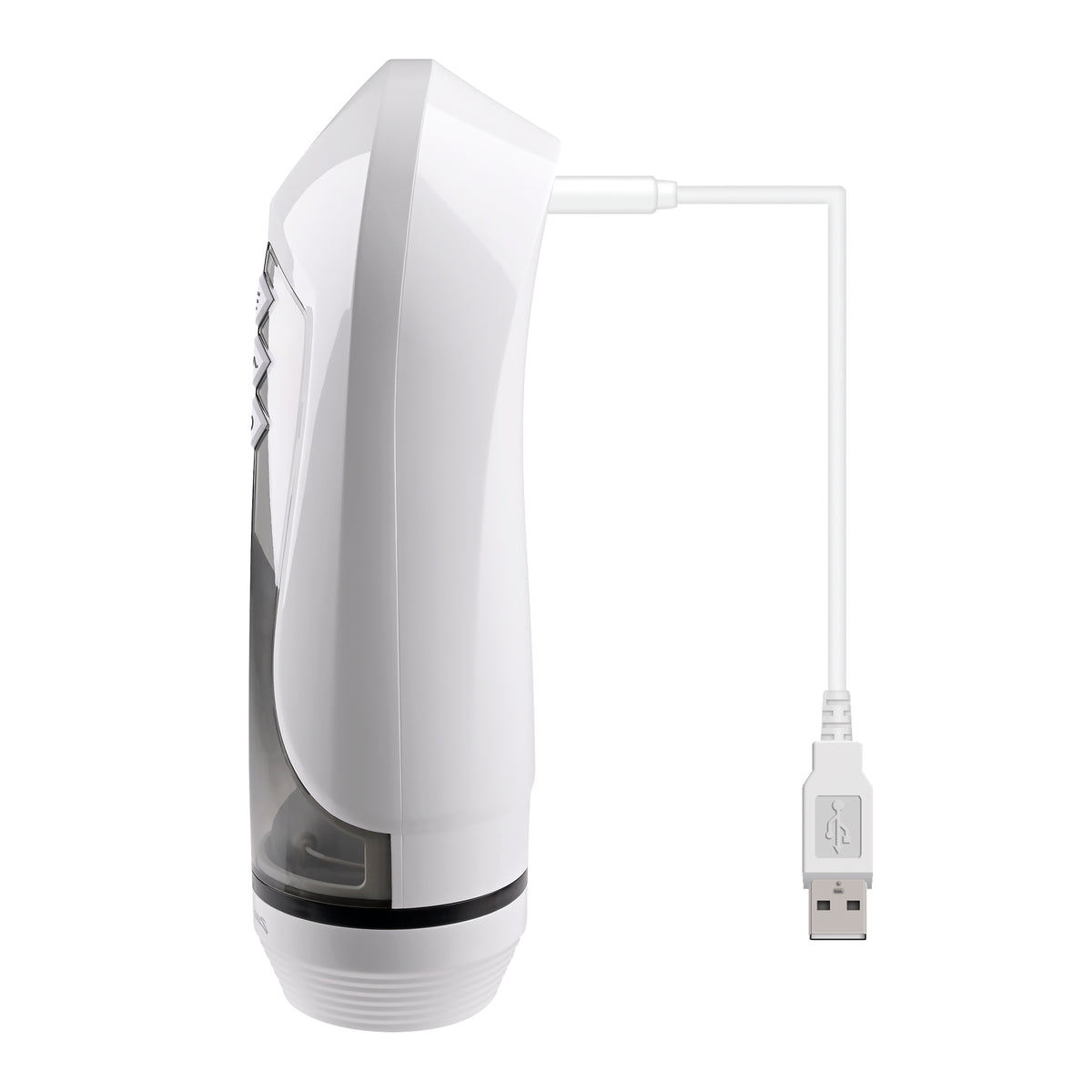 Zero Tolerance Stroking Buddy Thrusting Masturbator White with USB charging cable, designed for hands-free stimulation.