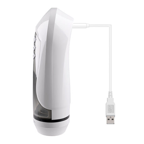 Zero Tolerance Stroking Buddy Thrusting Masturbator White with USB charging cable, designed for hands-free stimulation.