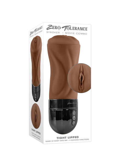 Zero Tolerance Tight Lipped Dark Rechargeable Stroker with flexible sleeve and dual motors for enhanced pleasure.