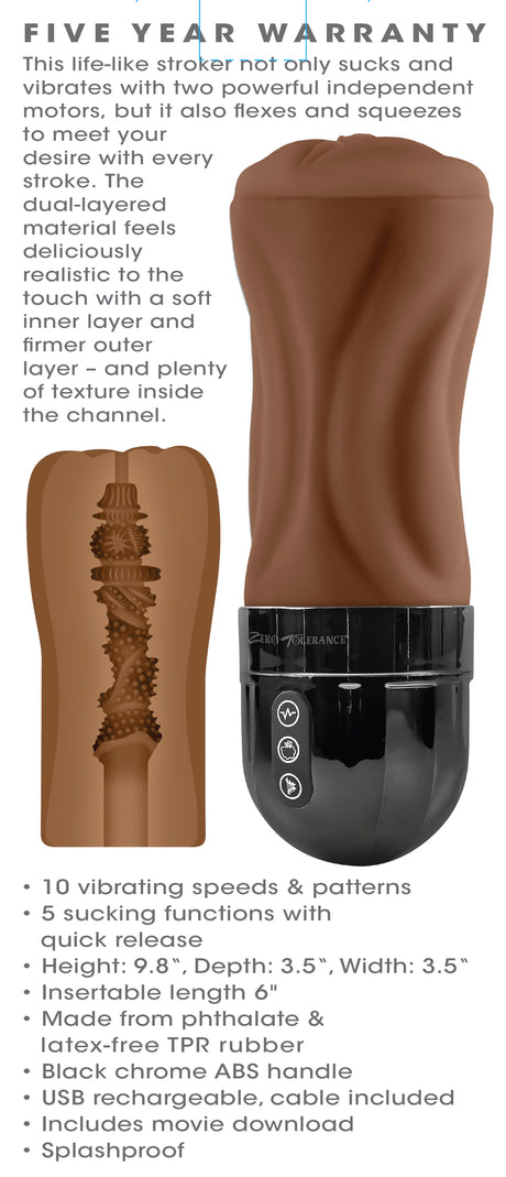 Zero Tolerance Tight Lipped Dark Rechargeable Stroker showcasing its lifelike design and features with two independent motors.