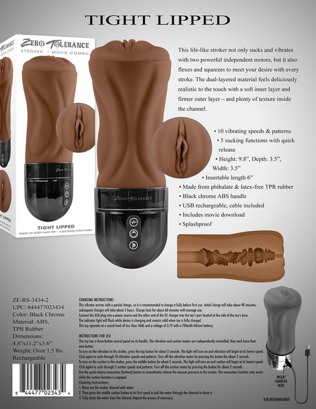 Zero Tolerance Tight Lipped Dark Rechargeable Stroker with dual motors for a lifelike sucking and vibrating experience.