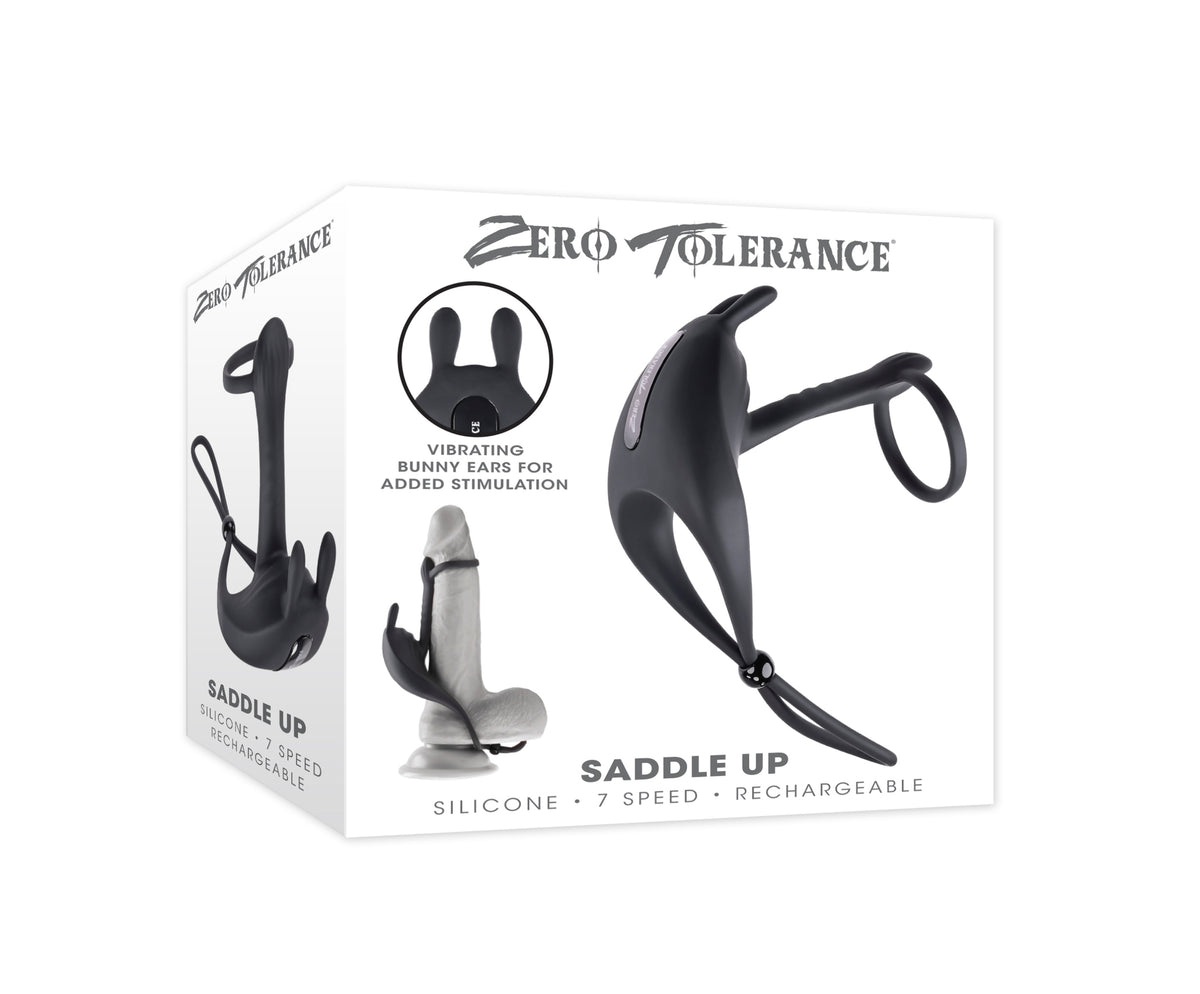 Zero Tolerance Saddle Up Vibrating Cock Ring package showcasing design features and silicone material.