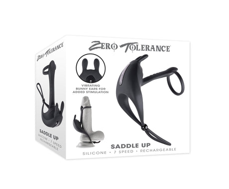 Zero Tolerance Saddle Up Vibrating Cock Ring package showcasing design features and silicone material.