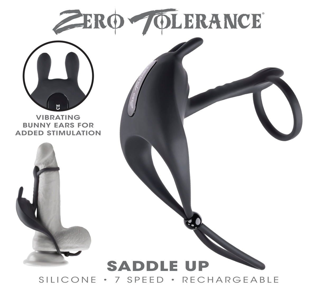 Zero Tolerance Saddle Up Vibrating Cock Ring with bunny ears for added stimulation and secure fit.