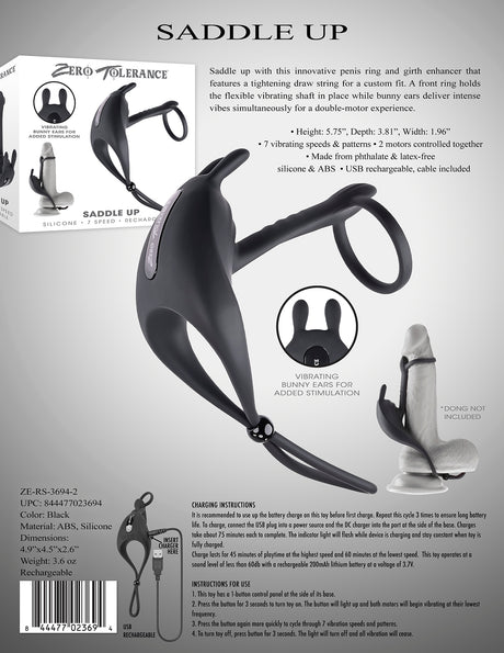 Zero Tolerance Saddle Up Vibrating Cock Ring features a tightening draw string and dual vibrating motors for enhanced pleasure.