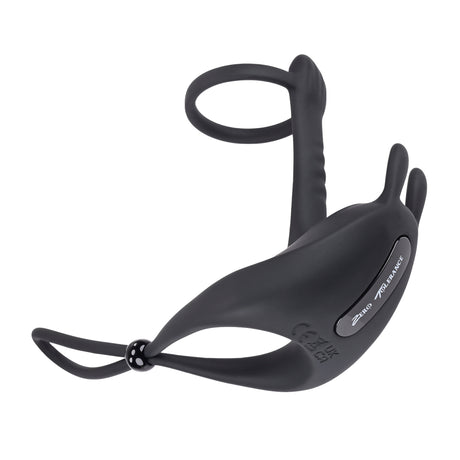 Zero Tolerance Saddle Up Vibrating Cock Ring showing a black vibrating cock ring with a drawstring for secure fit.