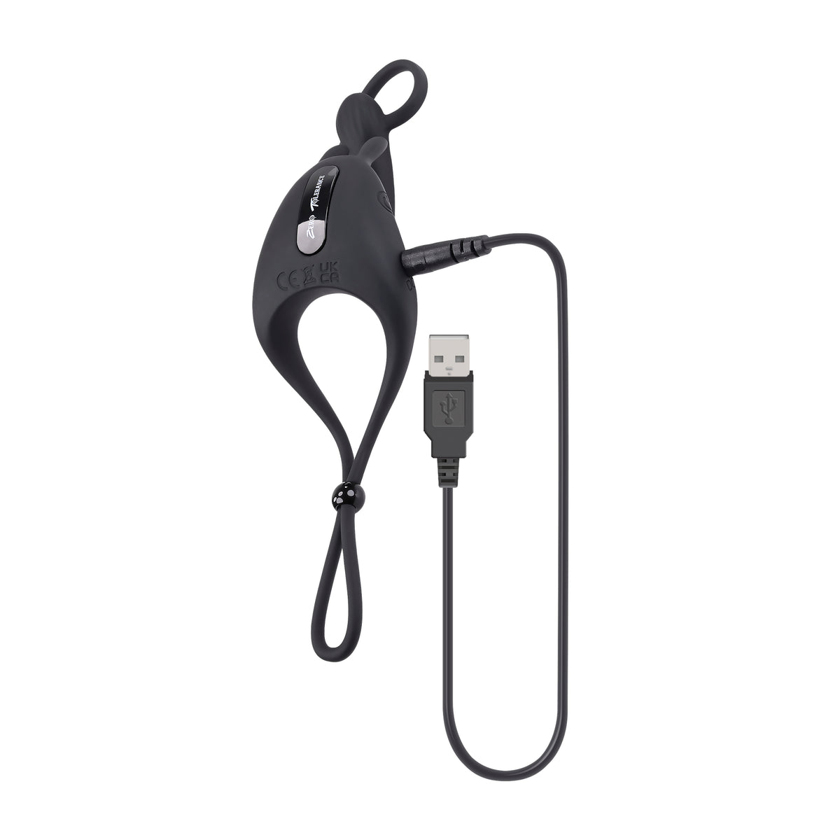Zero Tolerance Saddle Up Vibrating Cock Ring in black with USB charging cable for enhanced intimacy.