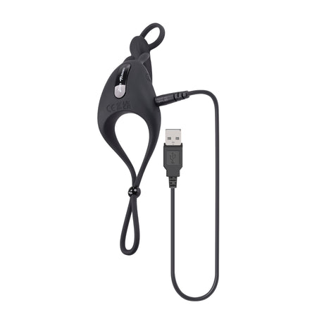 Zero Tolerance Saddle Up Vibrating Cock Ring in black with USB charging cable for enhanced intimacy.