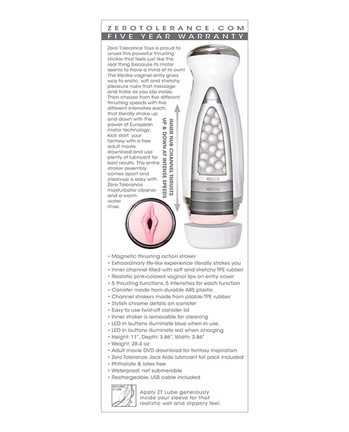 Zero Tolerance The Thrusting Stroker Rechargeable White features a magnetic thrusting action for realistic sensations.