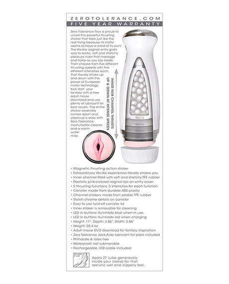 Zero Tolerance The Thrusting Stroker Rechargeable White features a magnetic thrusting action for realistic sensations.