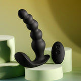 Evolved Bead Me Up Silicone Vibrating Anal Beads Black with remote control on display.