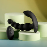 Evolved Bead Me Up Silicone Vibrating Anal Beads Black on light green background with control buttons.