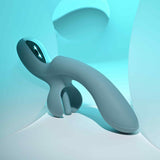 Evolved Take Your Flick Dual Motor Rabbit Vibrator showcasing its flexible design against a soft, blue background.