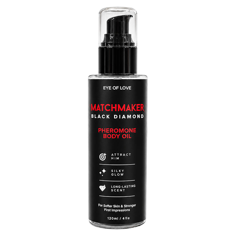 Eye Of Love Black Diamond Attract Him Body Oil in a sleek, black bottle with a pump for easy application.
