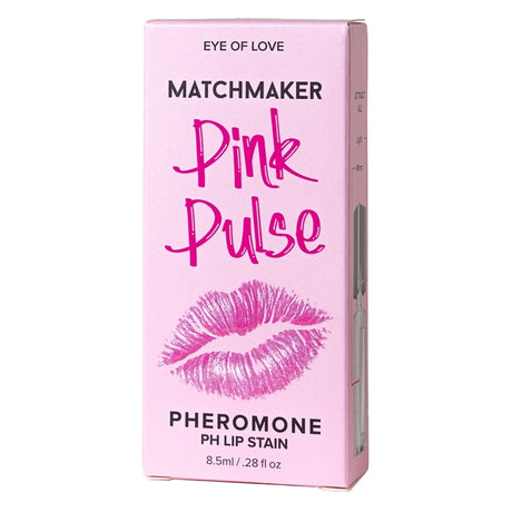 Eye Of Love Matchmaker Pheromone Lip Stain Pink Pulse packaging with pink design and lip print.