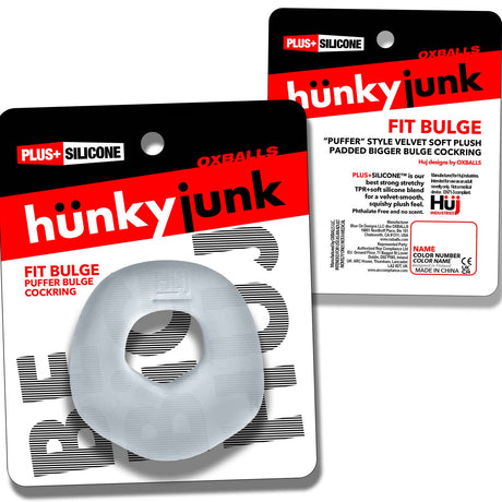 Oxballs Fit Bulge Hung-Style Cockring Clear Steam packaging featuring soft plush design.