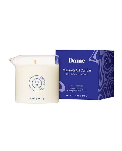 Dame Massage Oil Candle Melt Together in a glass container with box, promoting intimacy and mood.