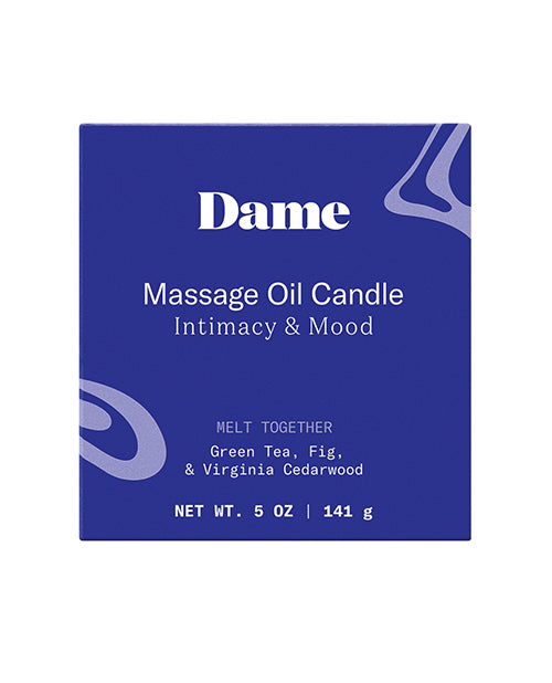 Dame Massage Oil Candle Melt Together in a blue box, for intimacy and mood, with green tea, fig, and cedarwood.