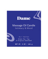 Dame Massage Oil Candle Melt Together in a blue box, for intimacy and mood, with green tea, fig, and cedarwood.