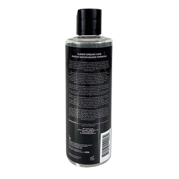 Elbow Grease H2O MAXXX Water Based Lubricant 8.5 oz bottle back view with product details.