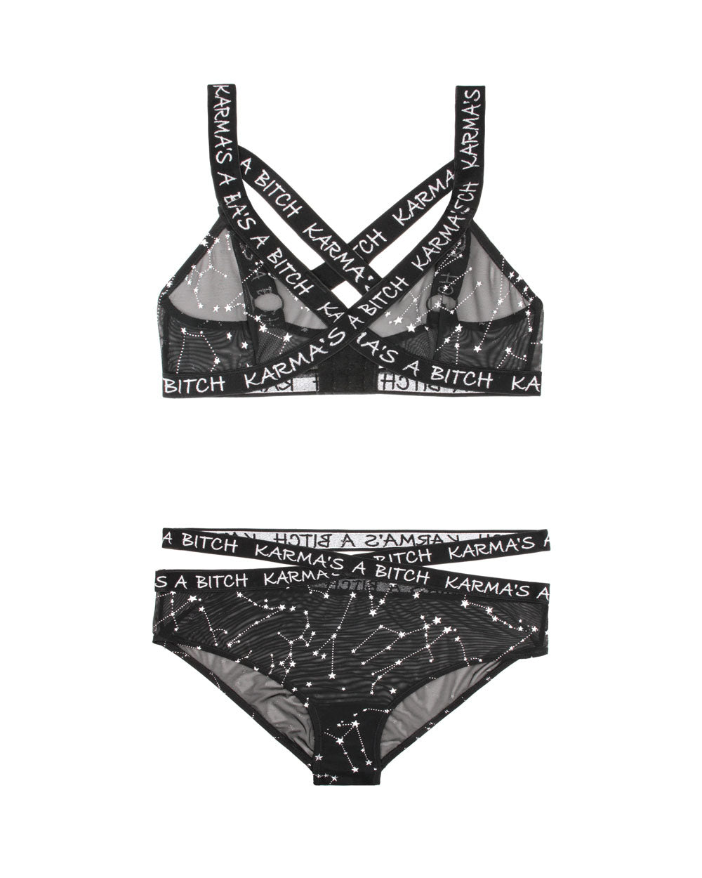 Karma's a Bitch Bralette and Cutout Panty Set Black M L featuring metallic mesh and bold design.
