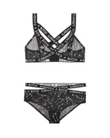 Karma's a Bitch Bralette and Cutout Panty Set Black M L featuring metallic mesh and bold design.