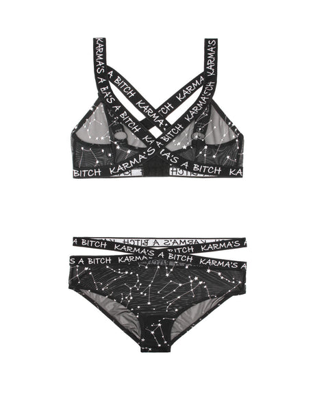Karma's a Bitch Bralette and Cutout Panty Set Black M L featuring metallic mesh and bold design.