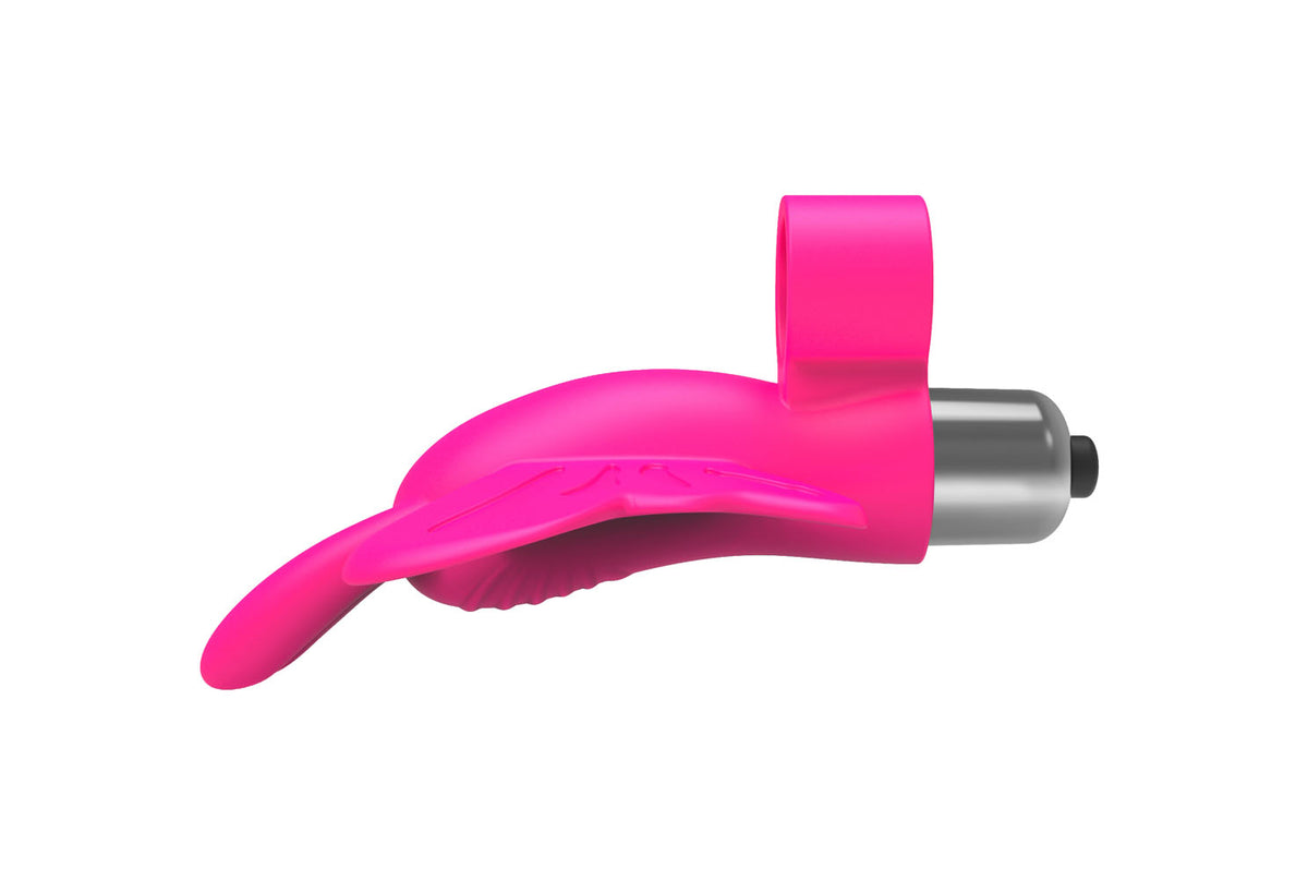 The 9's Flirt Finger Butterfly Finger Vibrator Pink profile view showing its cute butterfly design and premium silicone material.