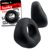 Oxballs Fit Bulge Hung-Style Cockring Black Fog shown with packaging, highlighting its ergonomic design and comfort.