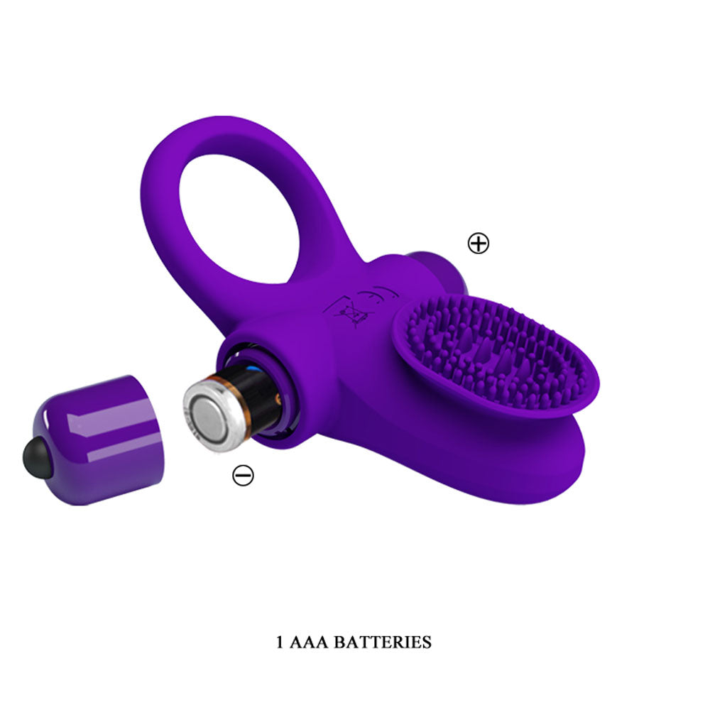 Pretty Love Vibrating Cock Ring II Purple with removable battery and textured silicone attachment.