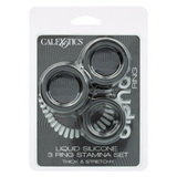 Alpha Liquid Silicone 3 Ring Stamina Set Black packaging featuring three elastomer rings for enhanced pleasure.