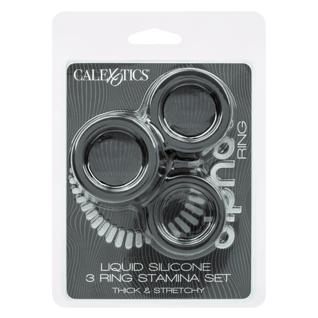 Alpha Liquid Silicone 3 Ring Stamina Set Black packaging featuring three elastomer rings for enhanced pleasure.