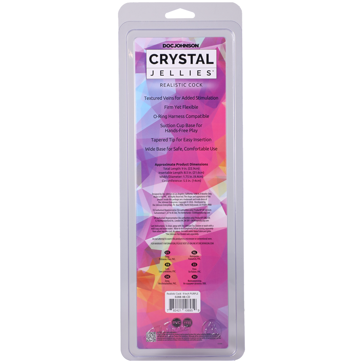 Crystal Jellies Realistic Cock 9 Inch Purple product packaging, featuring textured design and product details.